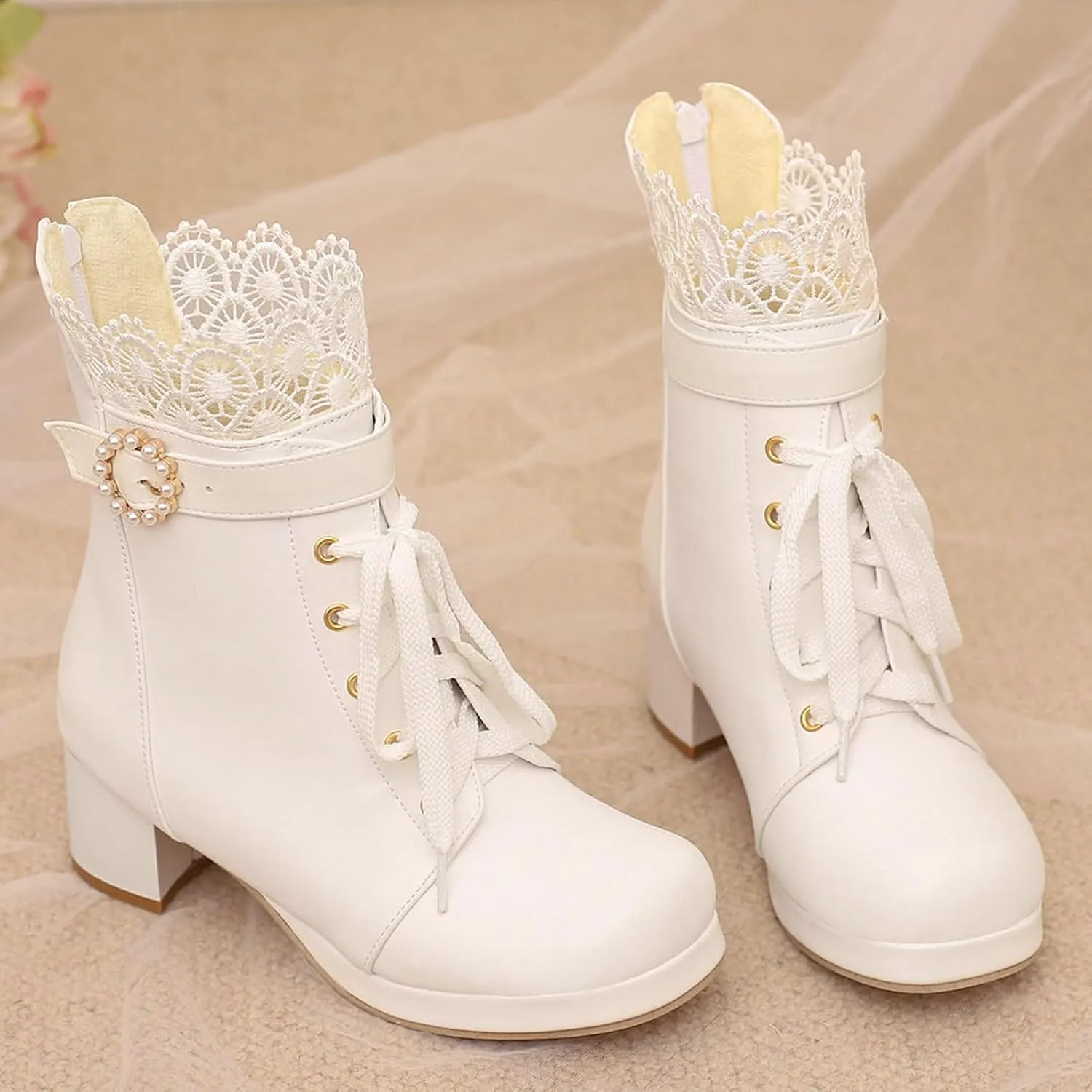 LUXMAX Cosplay Shoes Lace Up Ankle Boots for Women Chunky Mid Heel Kawaii Boots Goth Platform Booties Cute Sweet Boots with Bow