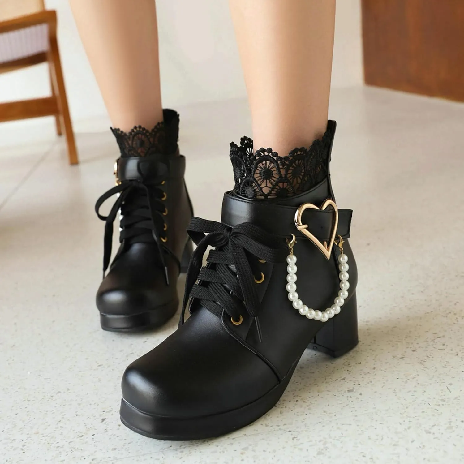 LUXMAX Cosplay Shoes Lace Up Ankle Boots for Women Chunky Mid Heel Kawaii Boots Goth Platform Booties Cute Sweet Boots with Bow