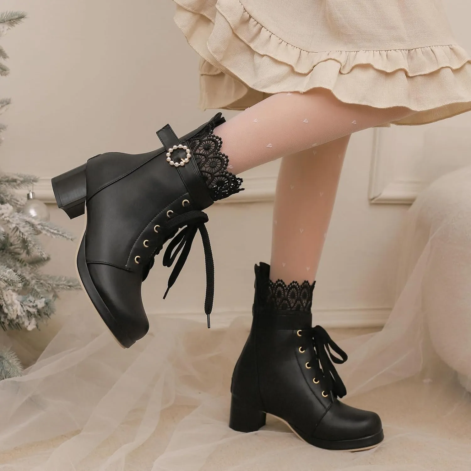 LUXMAX Cosplay Shoes Lace Up Ankle Boots for Women Chunky Mid Heel Kawaii Boots Goth Platform Booties Cute Sweet Boots with Bow