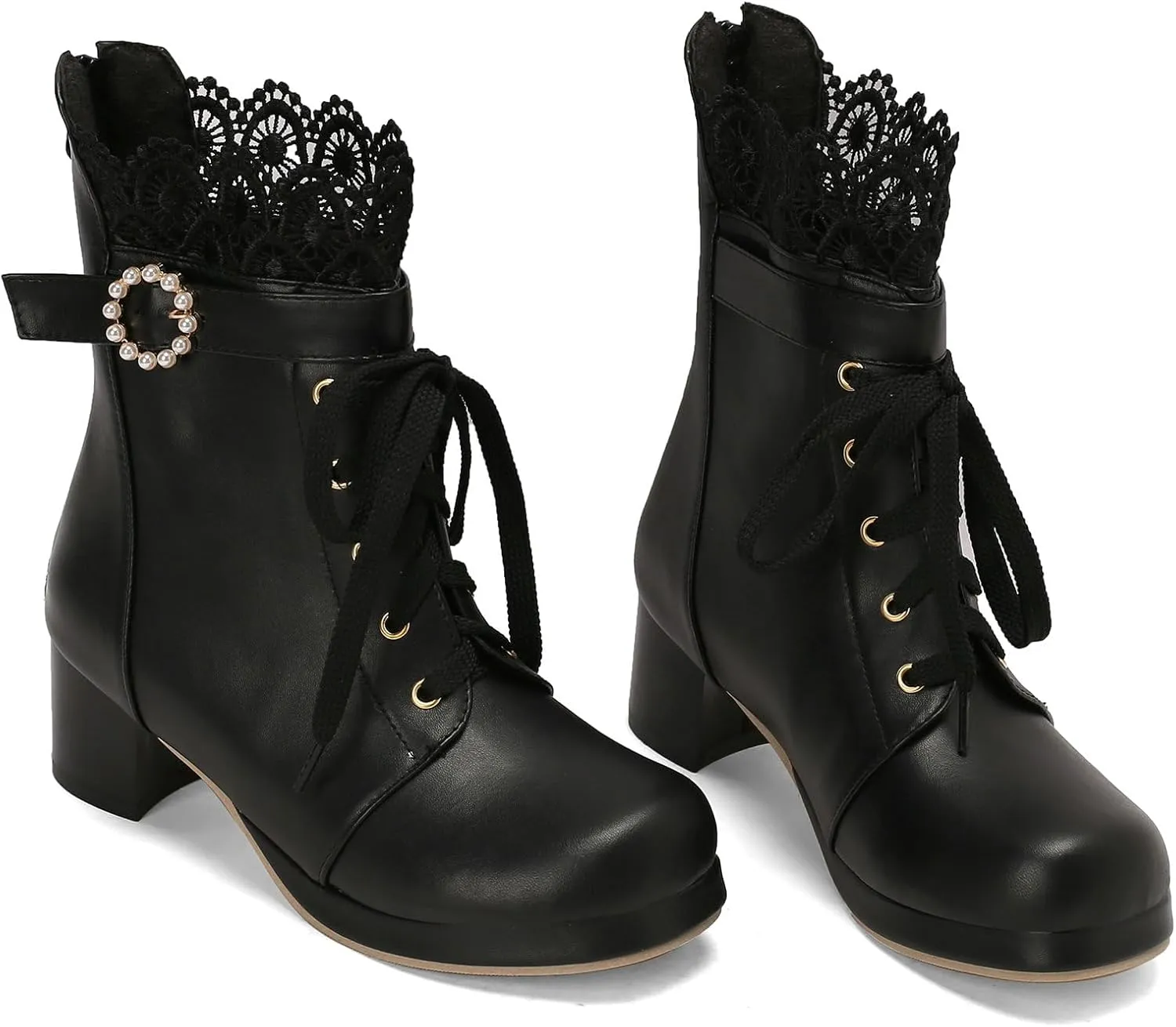 LUXMAX Cosplay Shoes Lace Up Ankle Boots for Women Chunky Mid Heel Kawaii Boots Goth Platform Booties Cute Sweet Boots with Bow