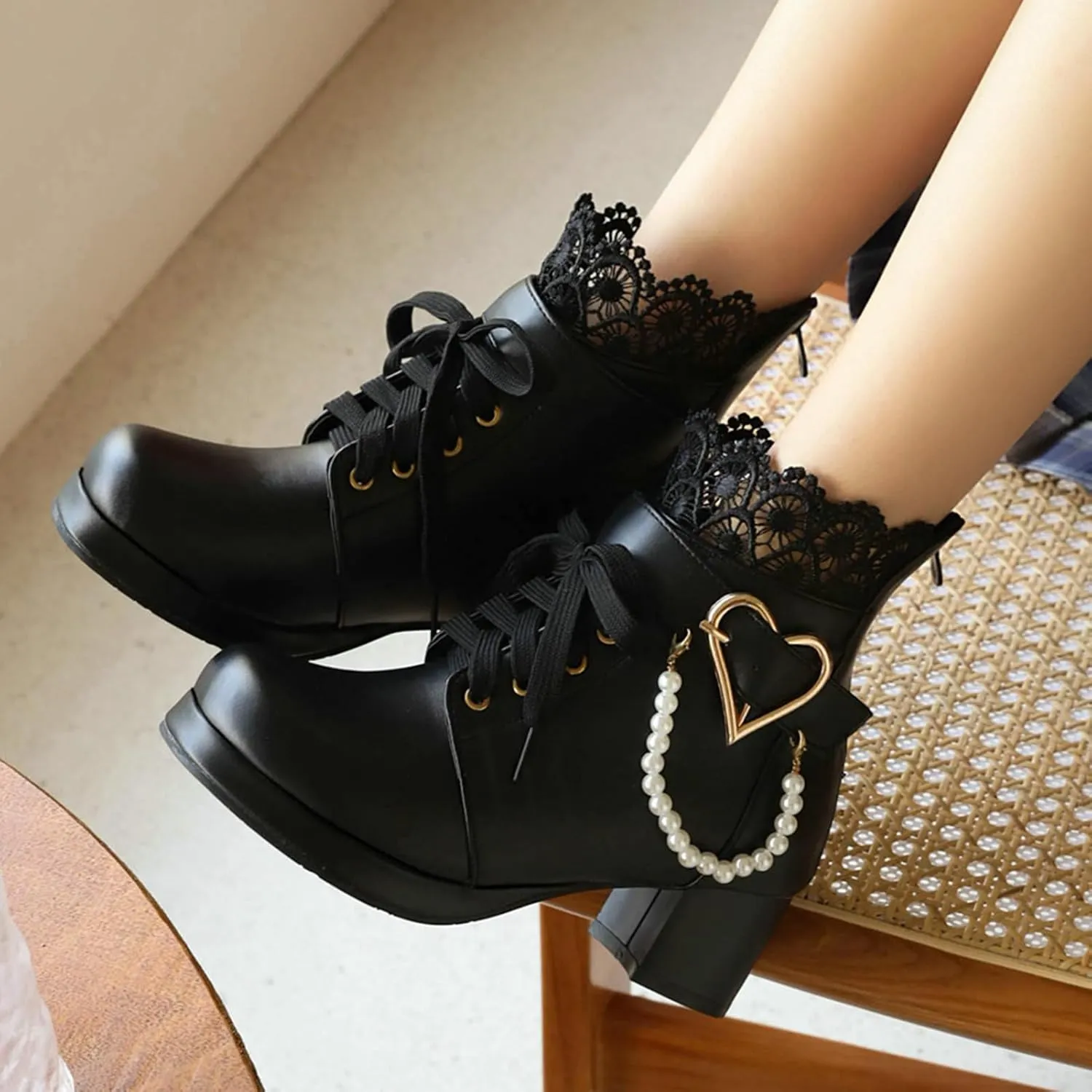 LUXMAX Cosplay Shoes Lace Up Ankle Boots for Women Chunky Mid Heel Kawaii Boots Goth Platform Booties Cute Sweet Boots with Bow