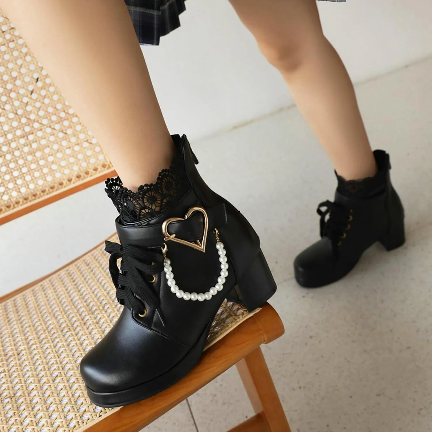 LUXMAX Cosplay Shoes Lace Up Ankle Boots for Women Chunky Mid Heel Kawaii Boots Goth Platform Booties Cute Sweet Boots with Bow