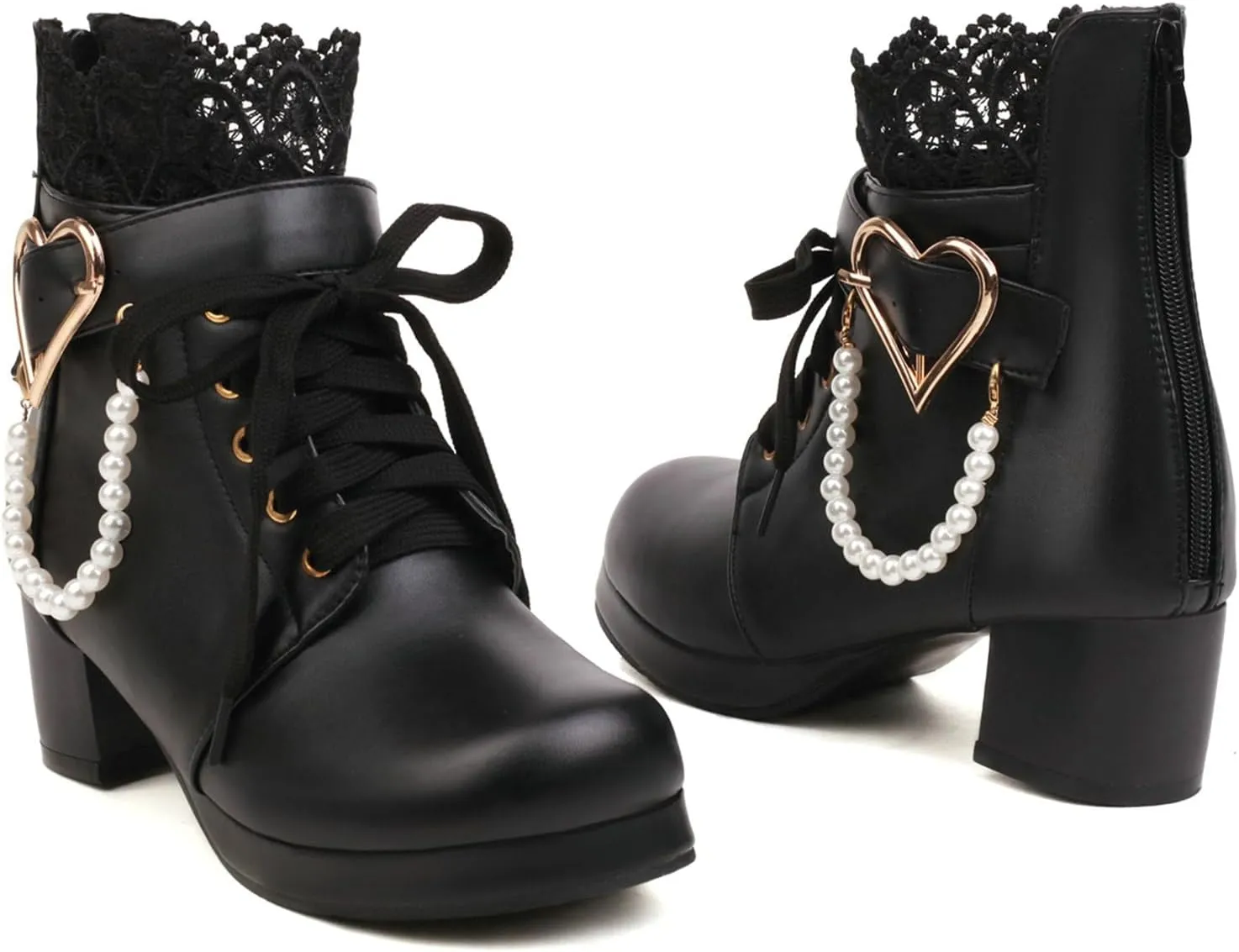 LUXMAX Cosplay Shoes Lace Up Ankle Boots for Women Chunky Mid Heel Kawaii Boots Goth Platform Booties Cute Sweet Boots with Bow