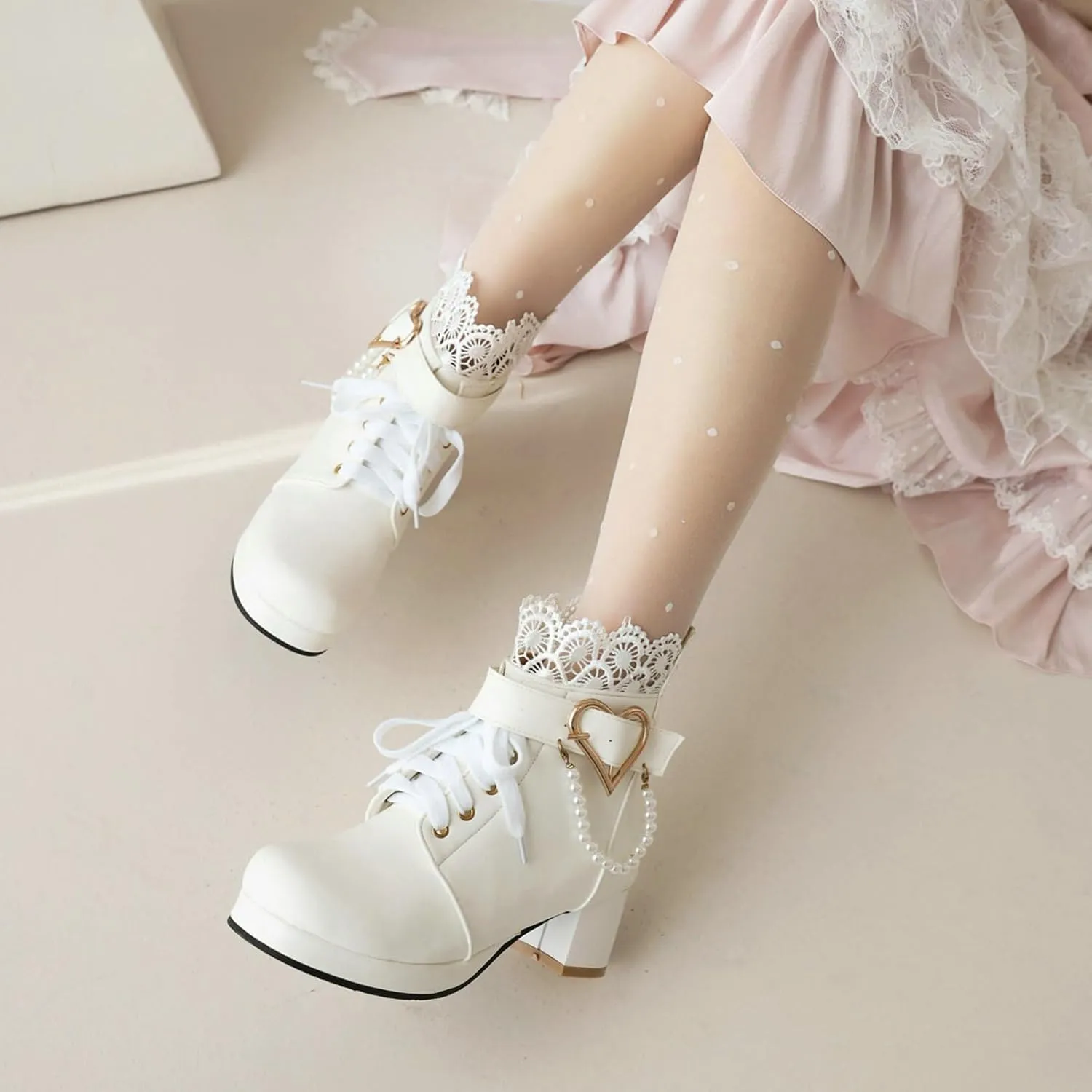 LUXMAX Cosplay Shoes Lace Up Ankle Boots for Women Chunky Mid Heel Kawaii Boots Goth Platform Booties Cute Sweet Boots with Bow
