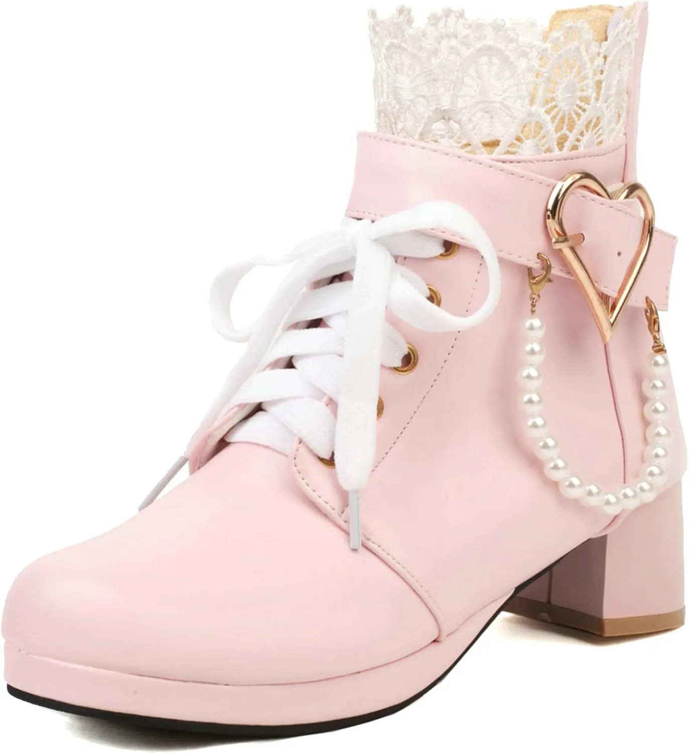 LUXMAX Cosplay Shoes Lace Up Ankle Boots for Women Chunky Mid Heel Kawaii Boots Goth Platform Booties Cute Sweet Boots with Bow