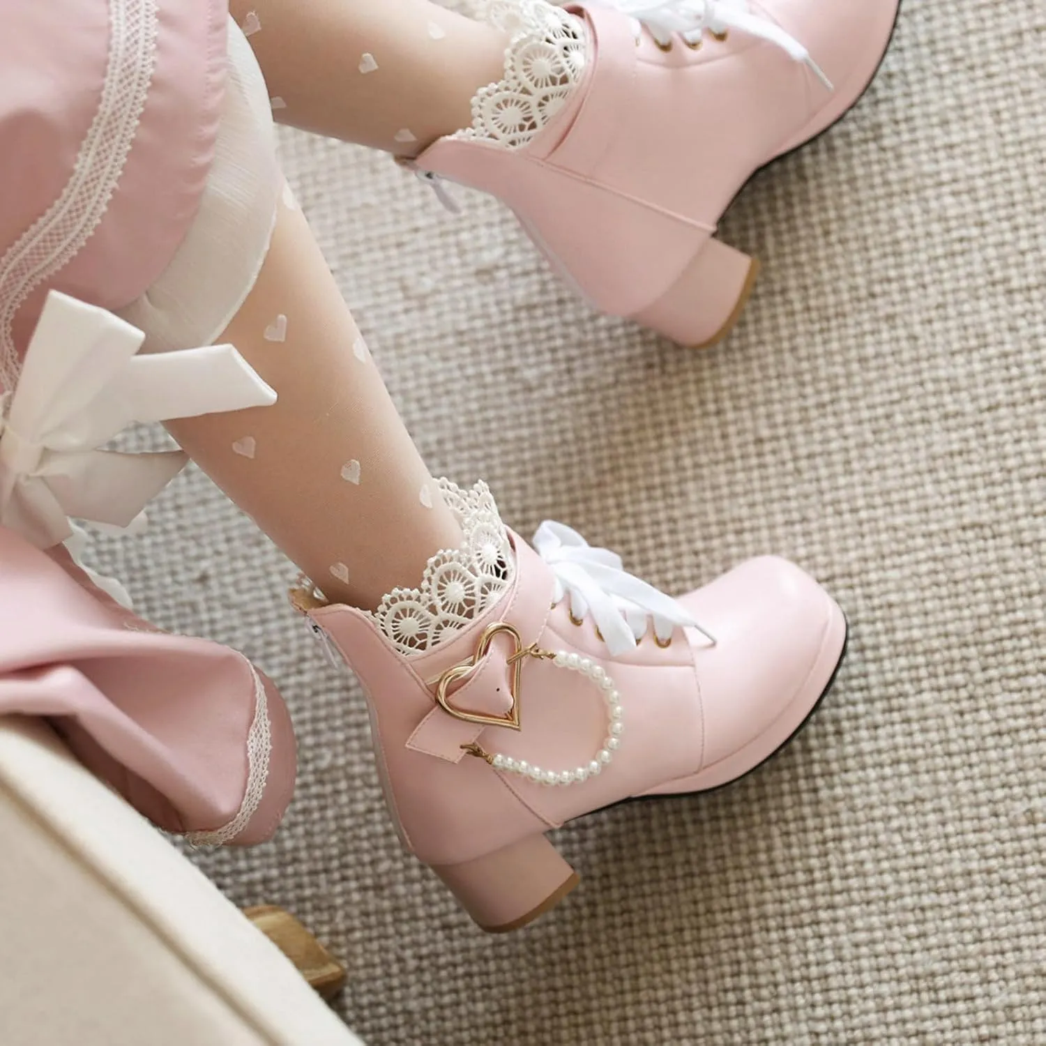 LUXMAX Cosplay Shoes Lace Up Ankle Boots for Women Chunky Mid Heel Kawaii Boots Goth Platform Booties Cute Sweet Boots with Bow