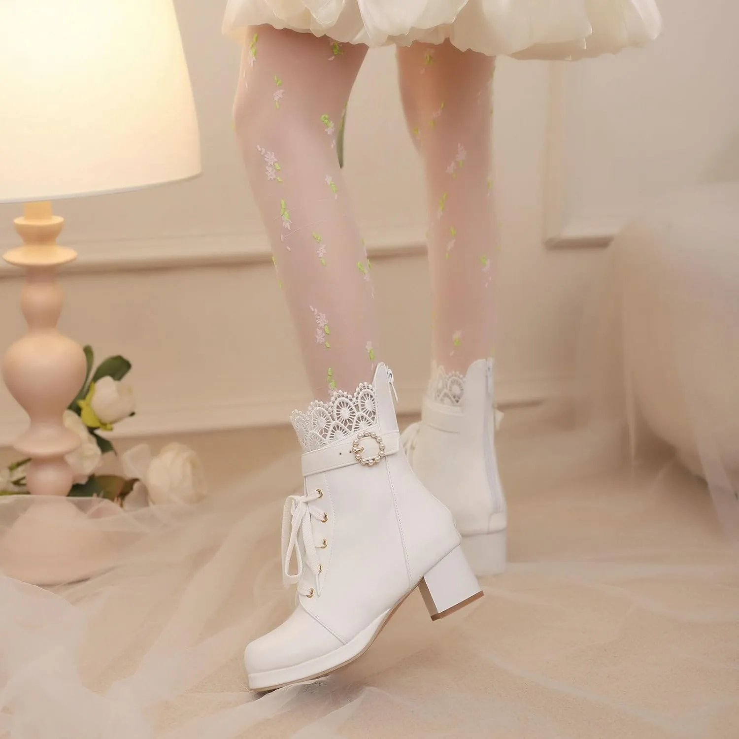 LUXMAX Cosplay Shoes Lace Up Ankle Boots for Women Chunky Mid Heel Kawaii Boots Goth Platform Booties Cute Sweet Boots with Bow