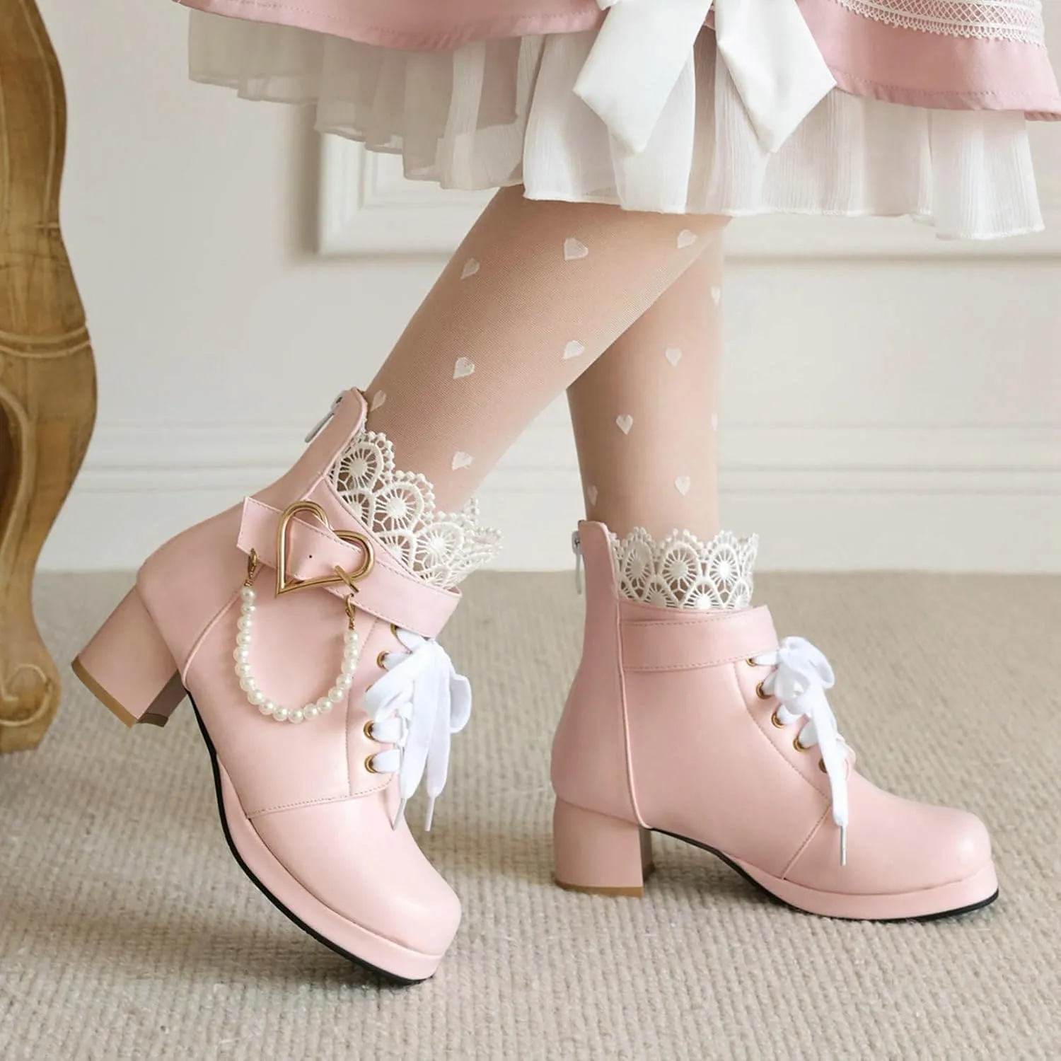 LUXMAX Cosplay Shoes Lace Up Ankle Boots for Women Chunky Mid Heel Kawaii Boots Goth Platform Booties Cute Sweet Boots with Bow