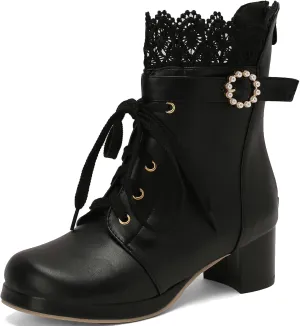 LUXMAX Cosplay Shoes Lace Up Ankle Boots for Women Chunky Mid Heel Kawaii Boots Goth Platform Booties Cute Sweet Boots with Bow