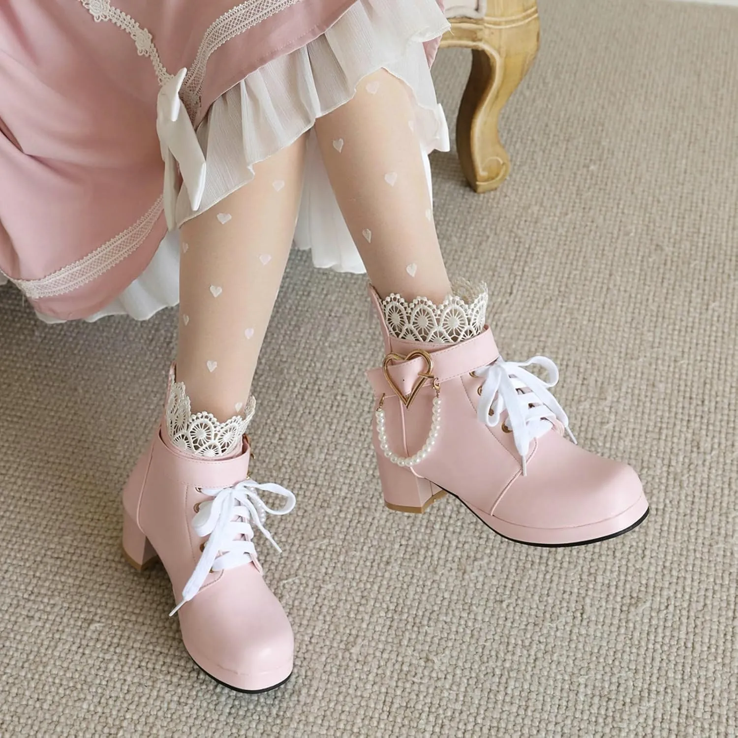 LUXMAX Cosplay Shoes Lace Up Ankle Boots for Women Chunky Mid Heel Kawaii Boots Goth Platform Booties Cute Sweet Boots with Bow