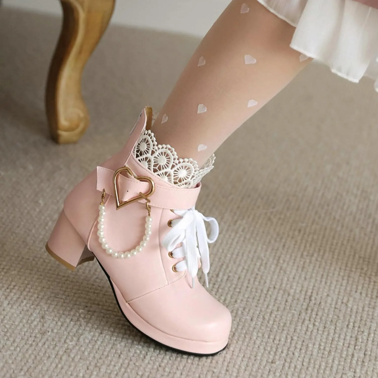 LUXMAX Cosplay Shoes Lace Up Ankle Boots for Women Chunky Mid Heel Kawaii Boots Goth Platform Booties Cute Sweet Boots with Bow