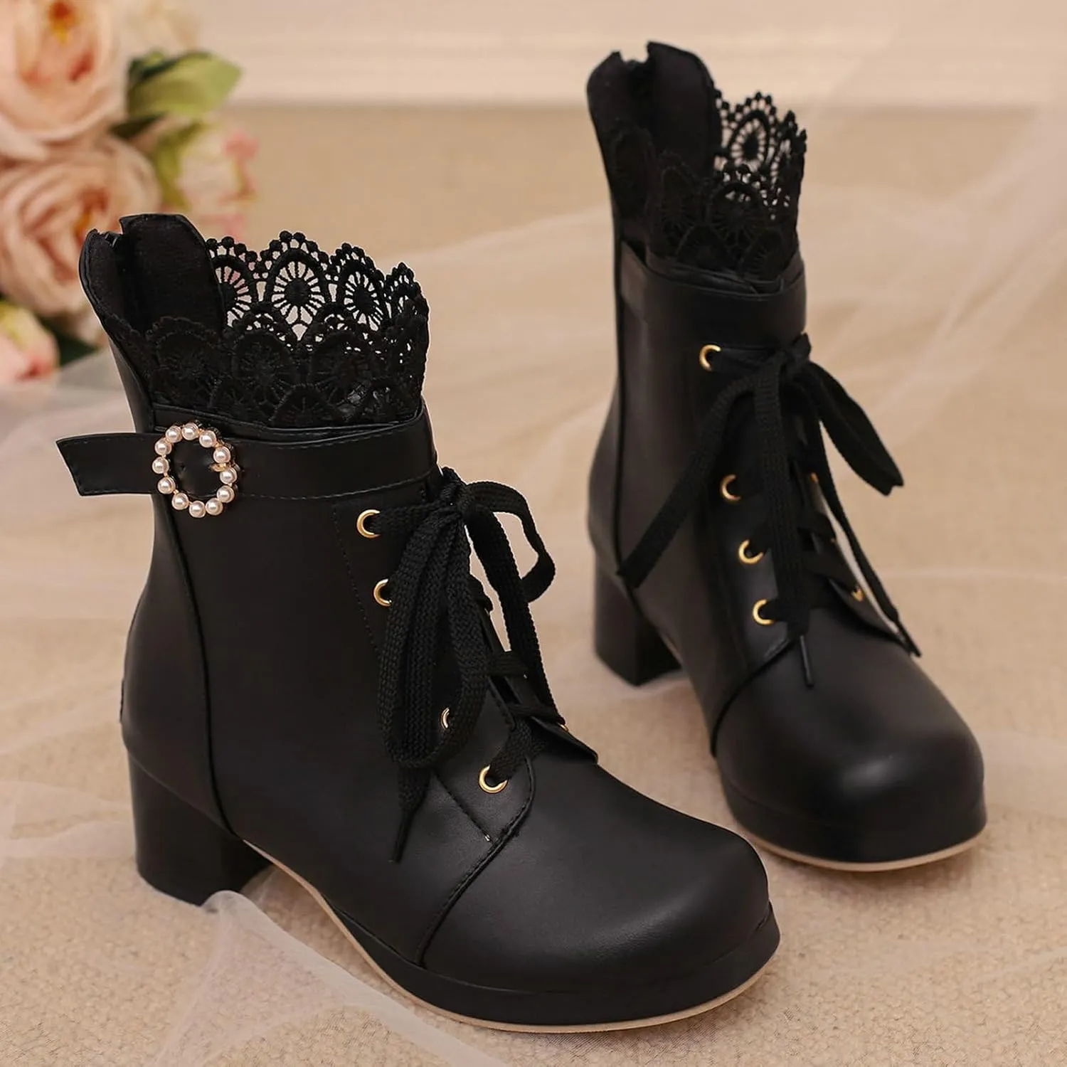 LUXMAX Cosplay Shoes Lace Up Ankle Boots for Women Chunky Mid Heel Kawaii Boots Goth Platform Booties Cute Sweet Boots with Bow