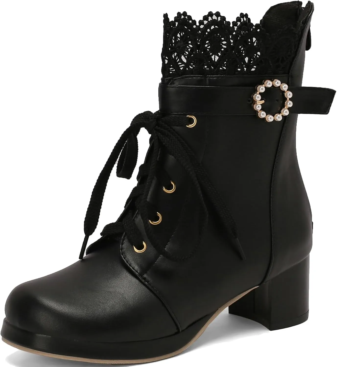LUXMAX Cosplay Shoes Lace Up Ankle Boots for Women Chunky Mid Heel Kawaii Boots Goth Platform Booties Cute Sweet Boots with Bow