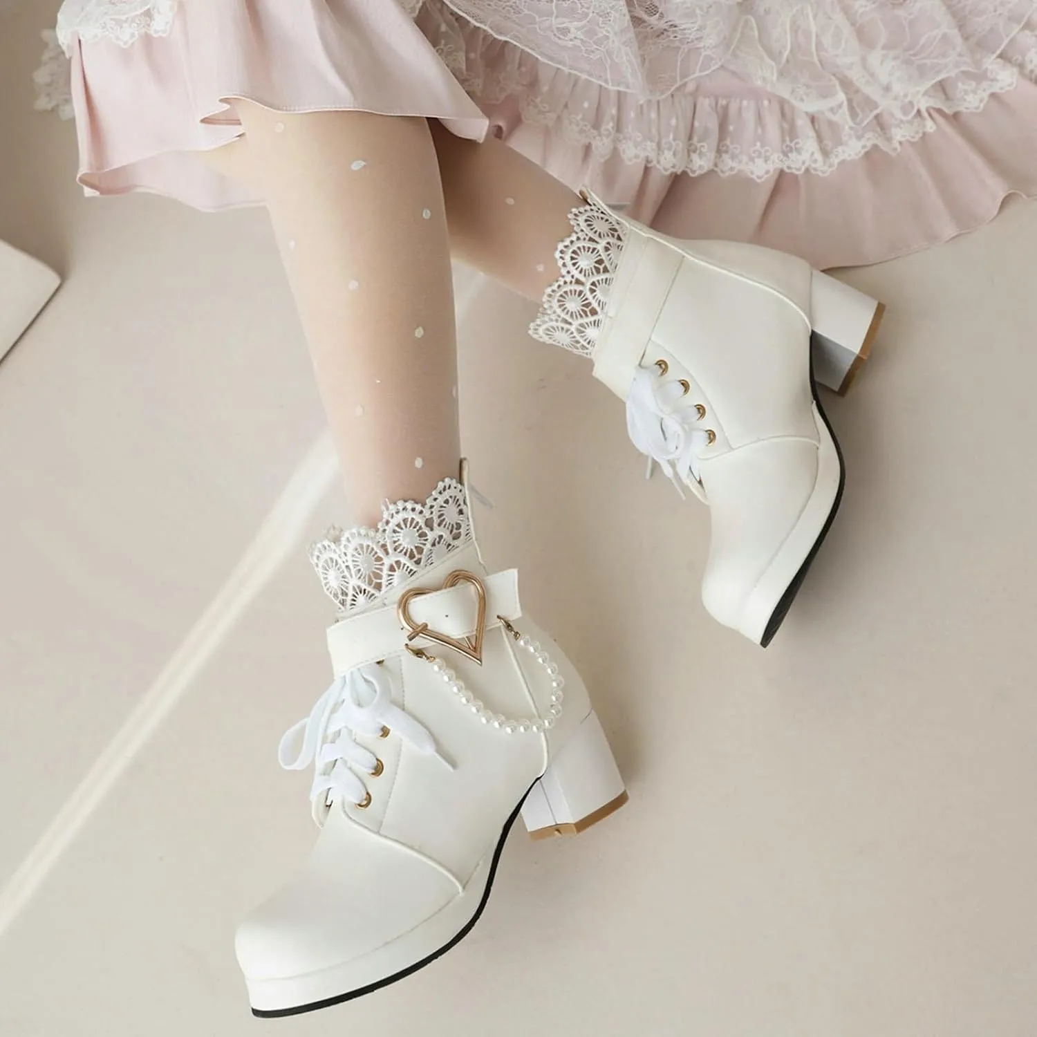 LUXMAX Cosplay Shoes Lace Up Ankle Boots for Women Chunky Mid Heel Kawaii Boots Goth Platform Booties Cute Sweet Boots with Bow