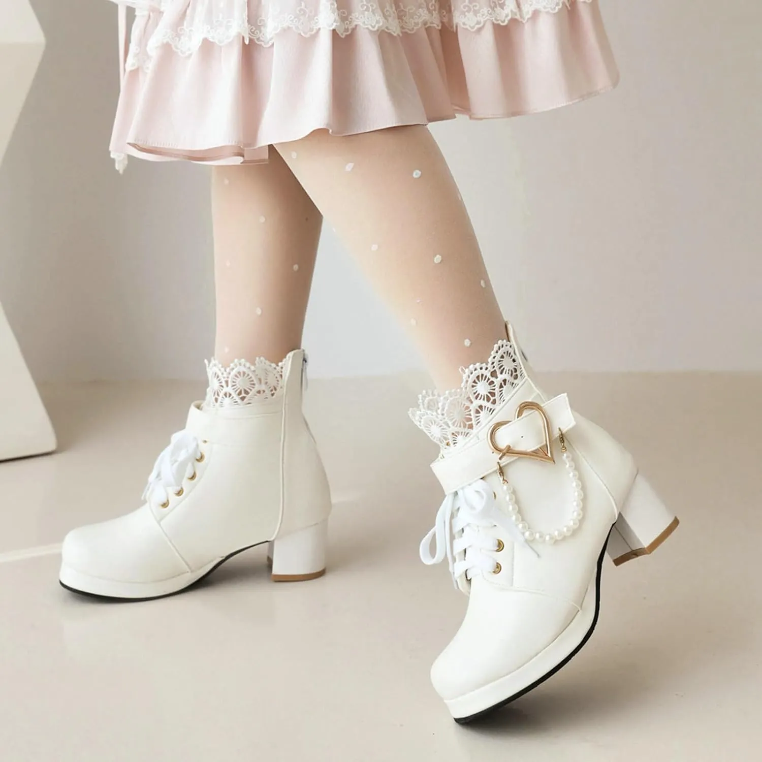 LUXMAX Cosplay Shoes Lace Up Ankle Boots for Women Chunky Mid Heel Kawaii Boots Goth Platform Booties Cute Sweet Boots with Bow