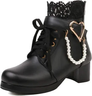 LUXMAX Cosplay Shoes Lace Up Ankle Boots for Women Chunky Mid Heel Kawaii Boots Goth Platform Booties Cute Sweet Boots with Bow