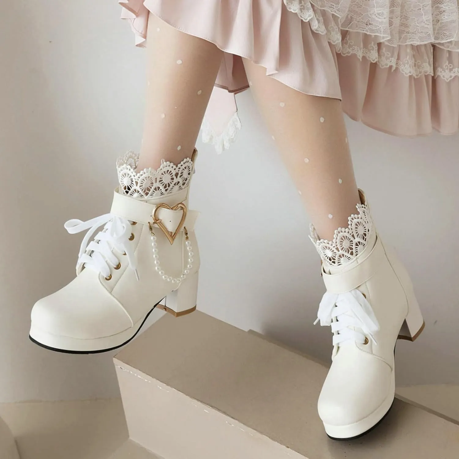 LUXMAX Cosplay Shoes Lace Up Ankle Boots for Women Chunky Mid Heel Kawaii Boots Goth Platform Booties Cute Sweet Boots with Bow
