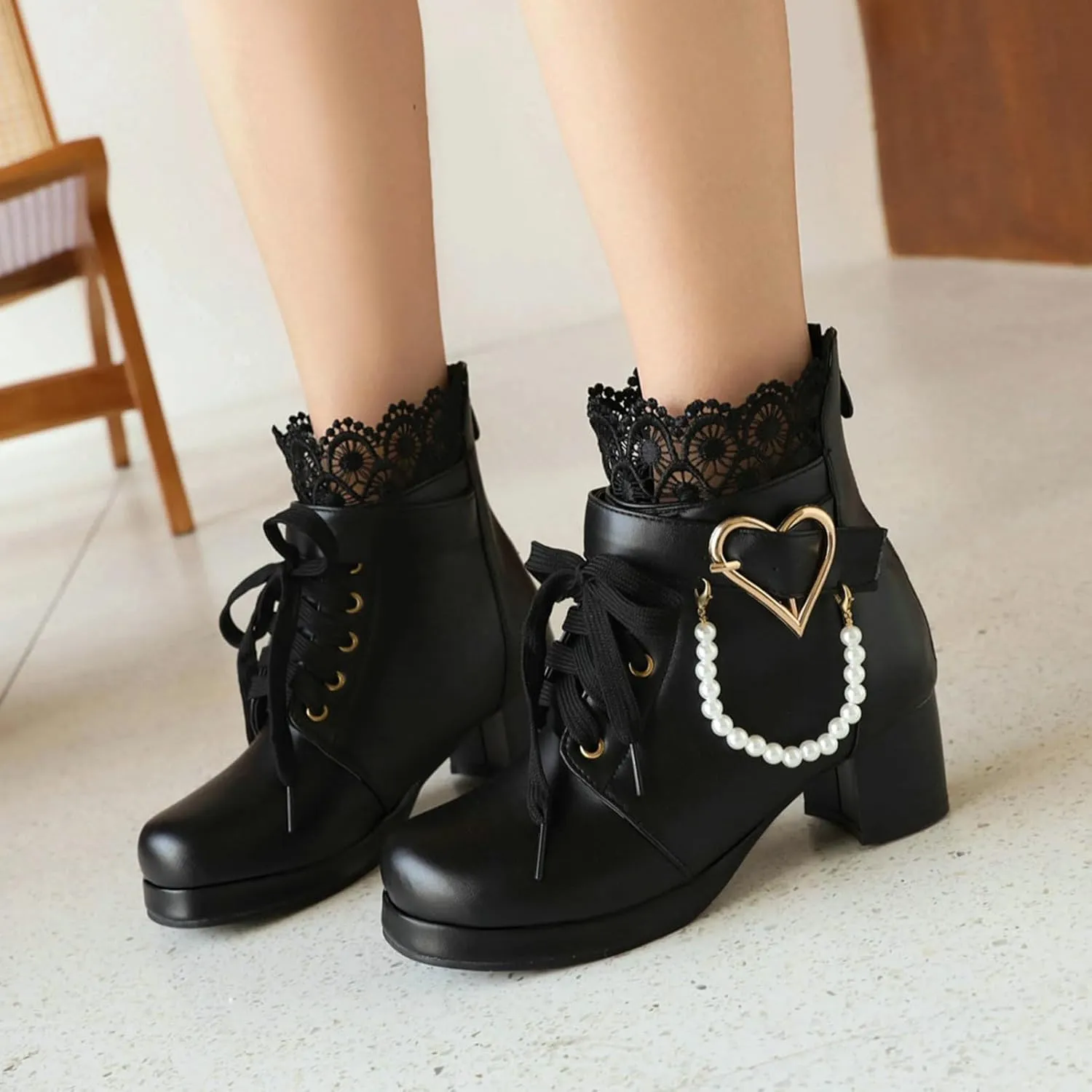 LUXMAX Cosplay Shoes Lace Up Ankle Boots for Women Chunky Mid Heel Kawaii Boots Goth Platform Booties Cute Sweet Boots with Bow