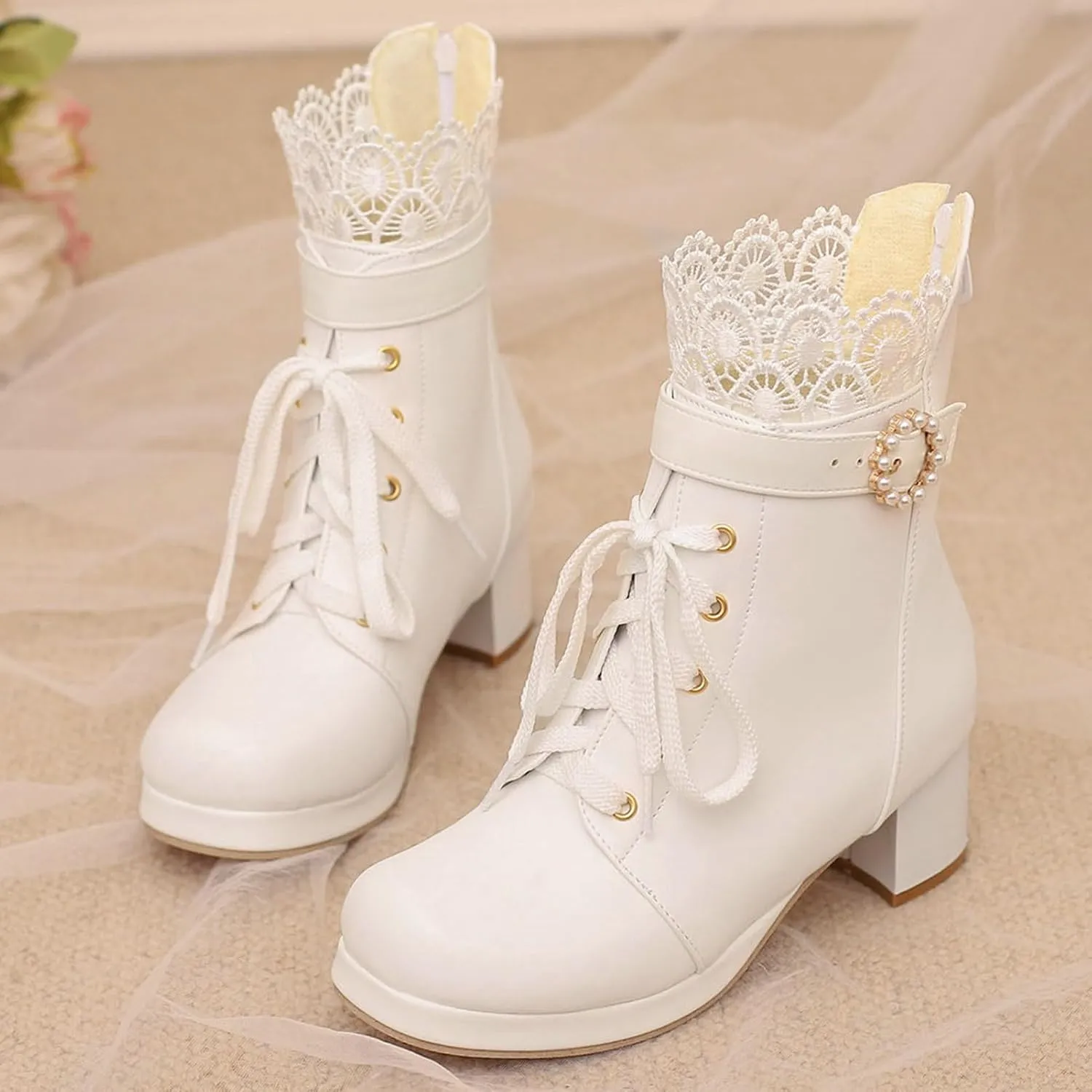 LUXMAX Cosplay Shoes Lace Up Ankle Boots for Women Chunky Mid Heel Kawaii Boots Goth Platform Booties Cute Sweet Boots with Bow