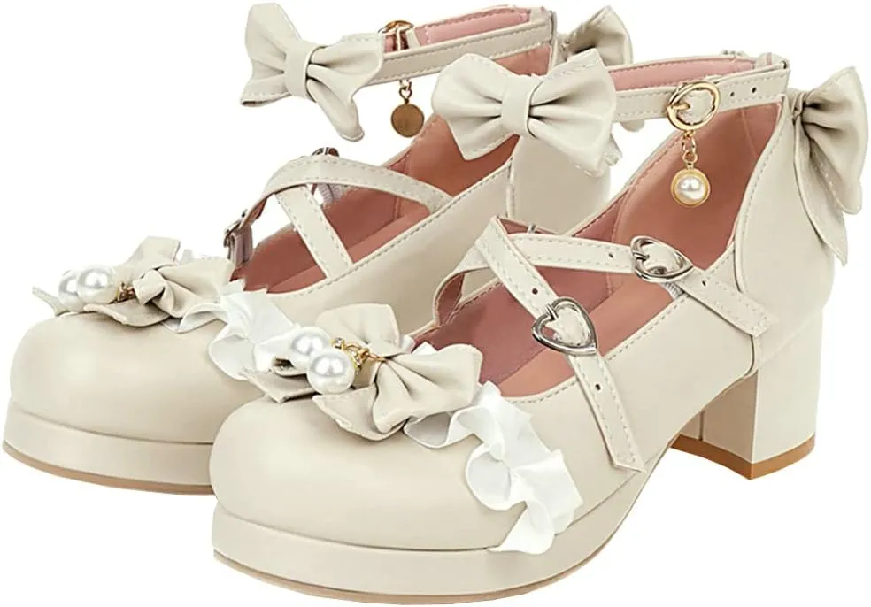 LUXMAX Women Lolita Cosplay Shoes Cross Strap Block Heel Mary Jane Lace Pumps
