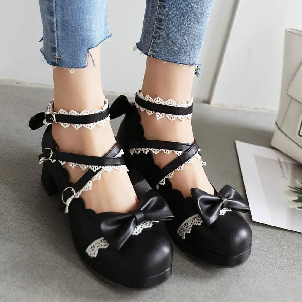LUXMAX Women Lolita Cosplay Shoes Cross Strap Block Heel Mary Jane Lace Pumps