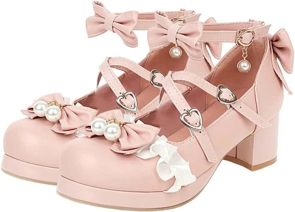 LUXMAX Women Lolita Cosplay Shoes Cross Strap Block Heel Mary Jane Lace Pumps