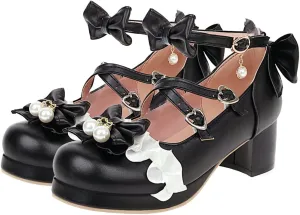 LUXMAX Women Lolita Cosplay Shoes Cross Strap Block Heel Mary Jane Lace Pumps