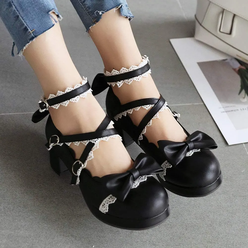 LUXMAX Women Lolita Cosplay Shoes Cross Strap Block Heel Mary Jane Lace Pumps