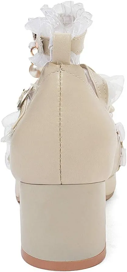 LUXMAX Women Lolita Cosplay Shoes Cross Strap Block Heel Mary Jane Lace Pumps