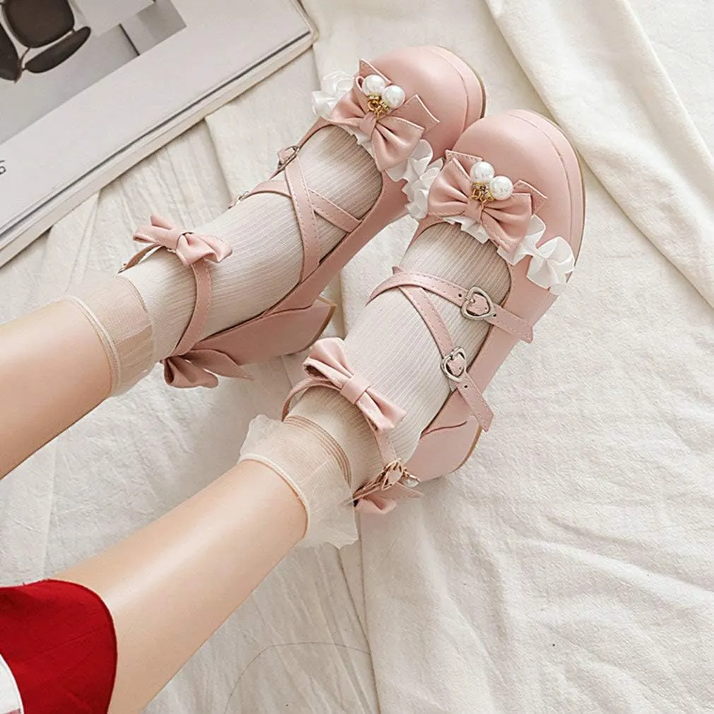 LUXMAX Women Lolita Cosplay Shoes Cross Strap Block Heel Mary Jane Lace Pumps