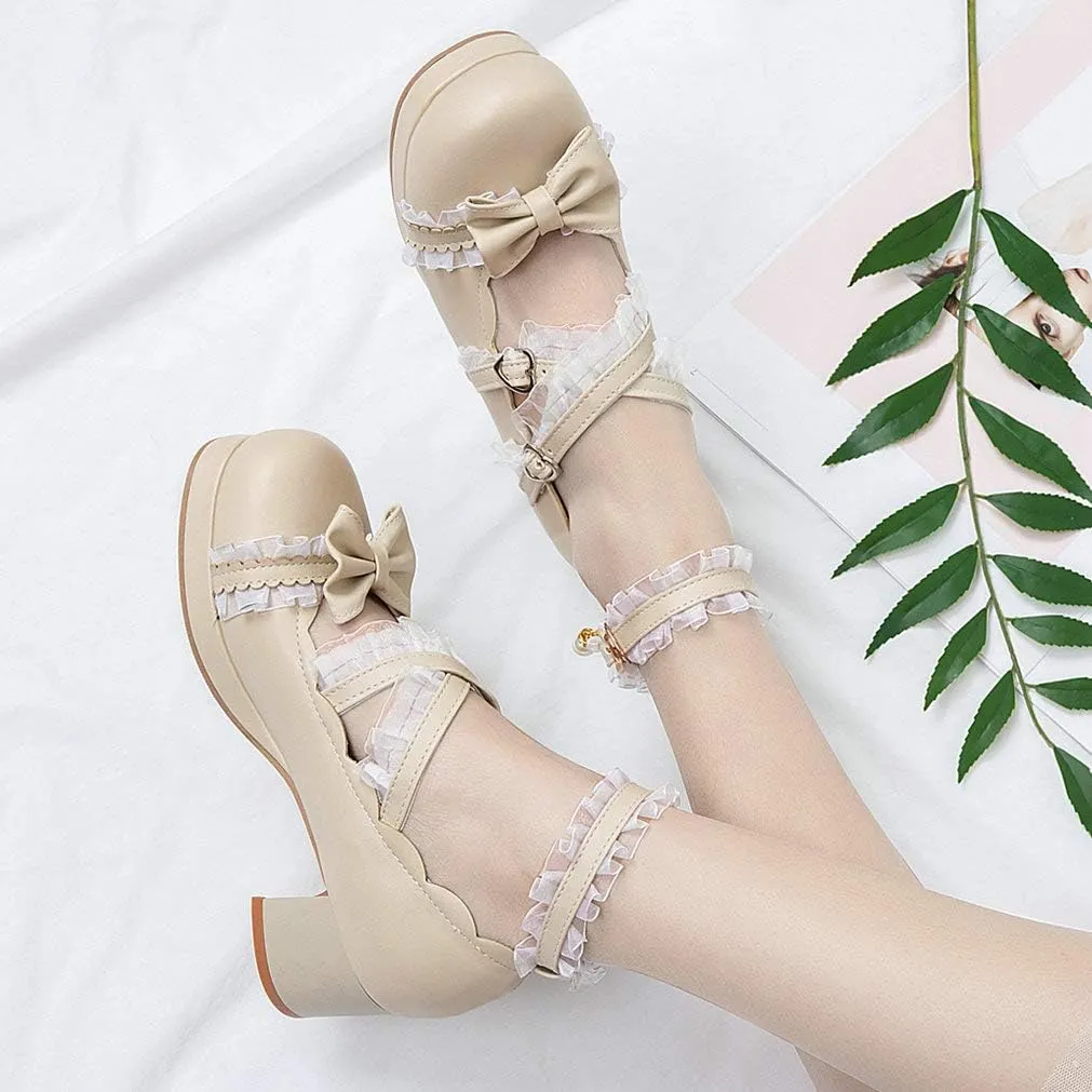 LUXMAX Women Lolita Cosplay Shoes Cross Strap Block Heel Mary Jane Lace Pumps