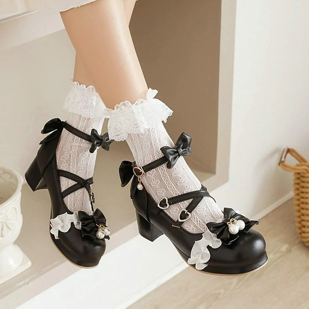 LUXMAX Women Lolita Cosplay Shoes Cross Strap Block Heel Mary Jane Lace Pumps