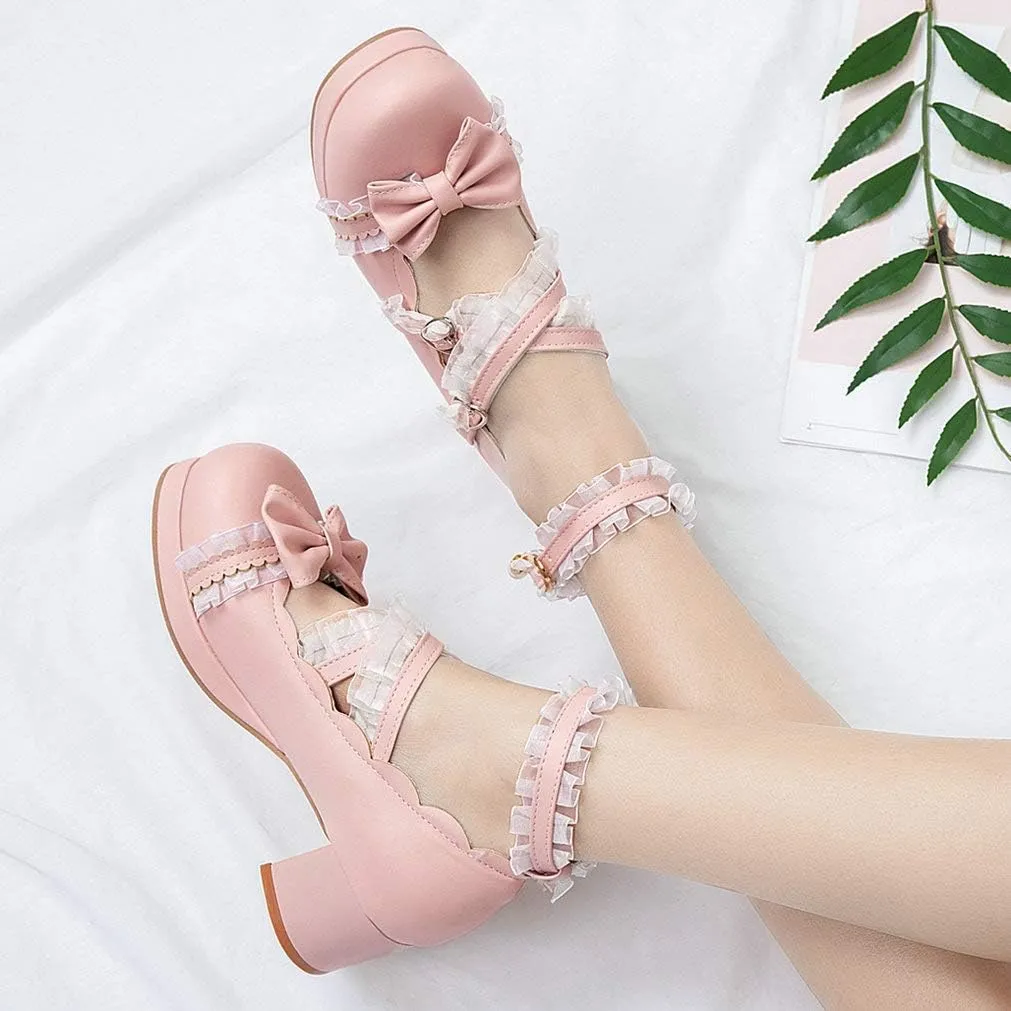 LUXMAX Women Lolita Cosplay Shoes Cross Strap Block Heel Mary Jane Lace Pumps