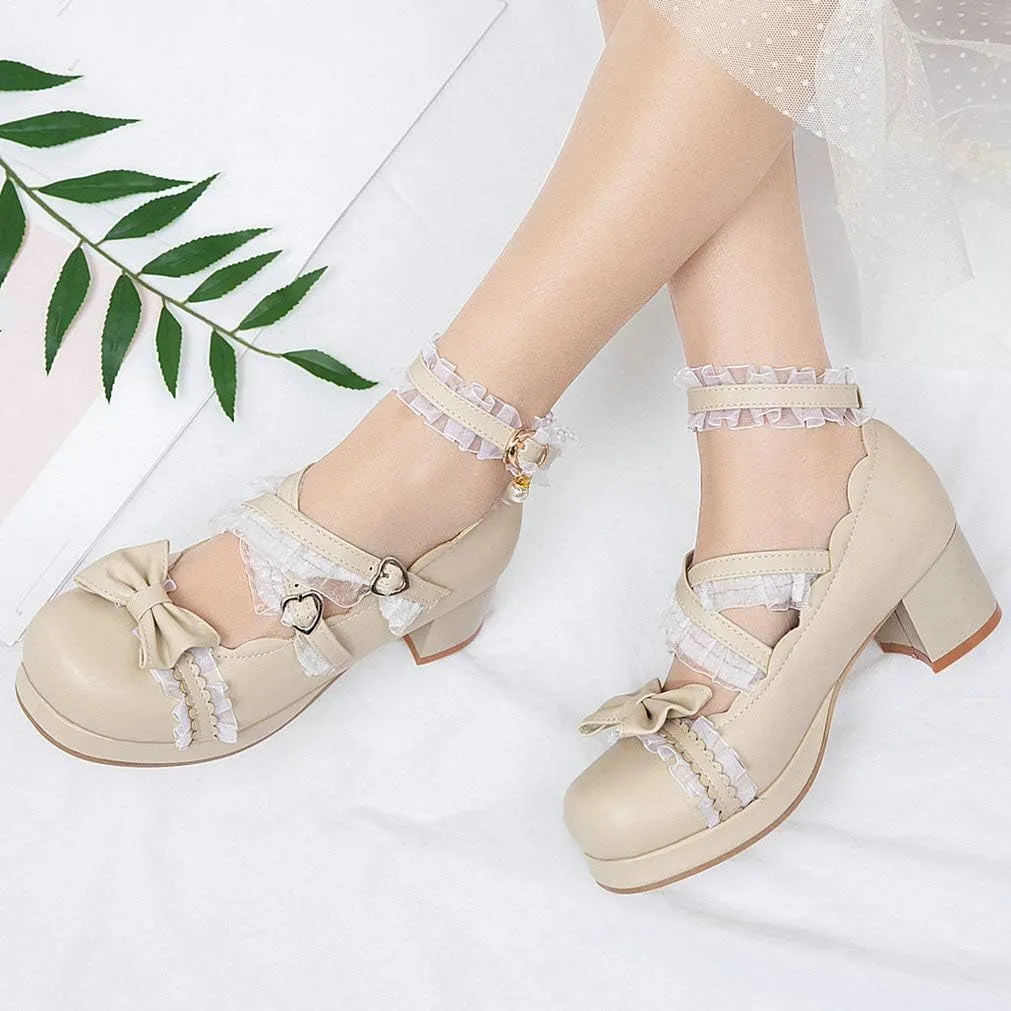 LUXMAX Women Lolita Cosplay Shoes Cross Strap Block Heel Mary Jane Lace Pumps