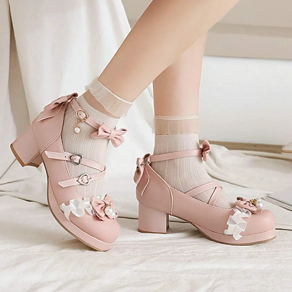 LUXMAX Women Lolita Cosplay Shoes Cross Strap Block Heel Mary Jane Lace Pumps
