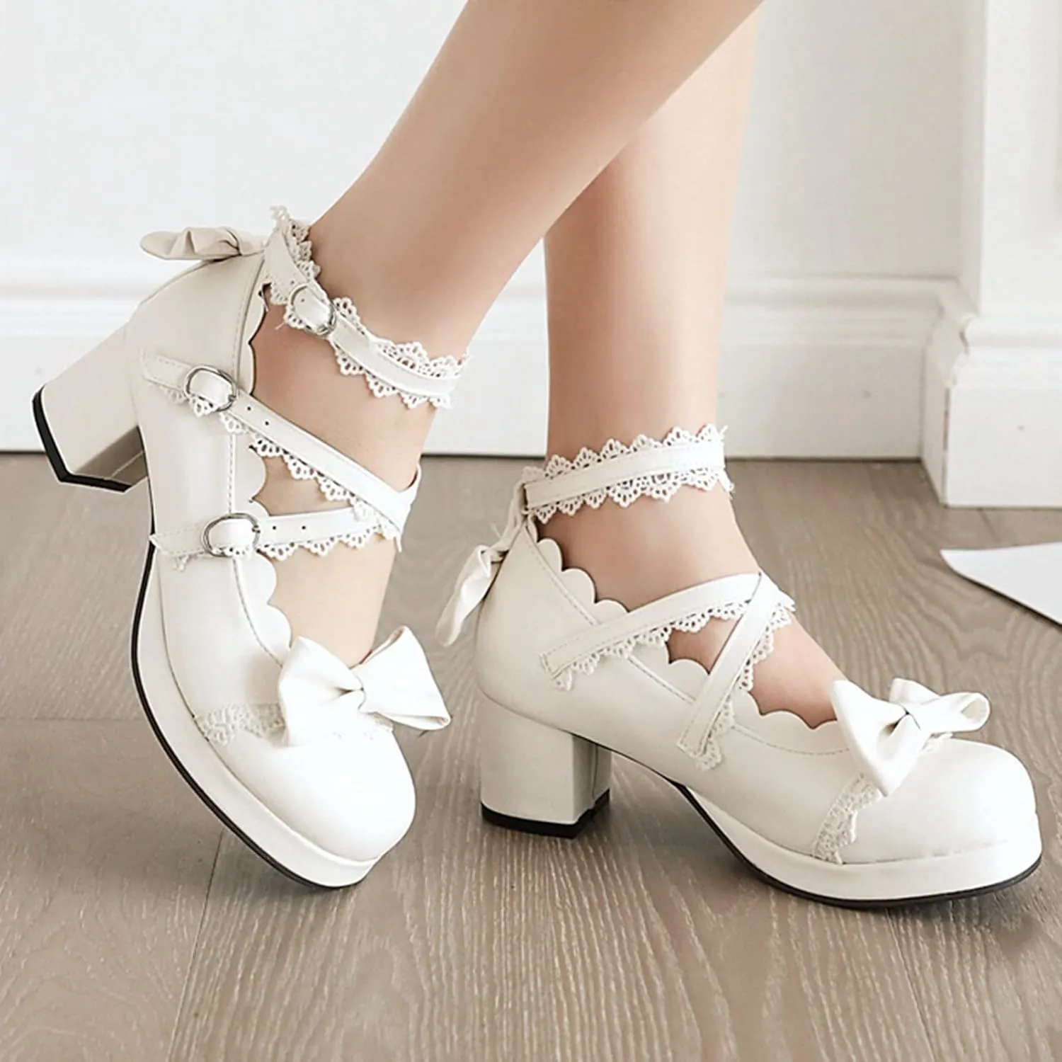 LUXMAX Women Lolita Cosplay Shoes Cross Strap Block Heel Mary Jane Lace Pumps