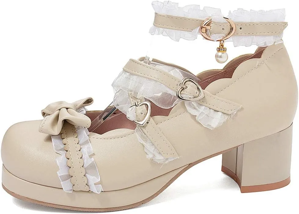 LUXMAX Women Lolita Cosplay Shoes Cross Strap Block Heel Mary Jane Lace Pumps