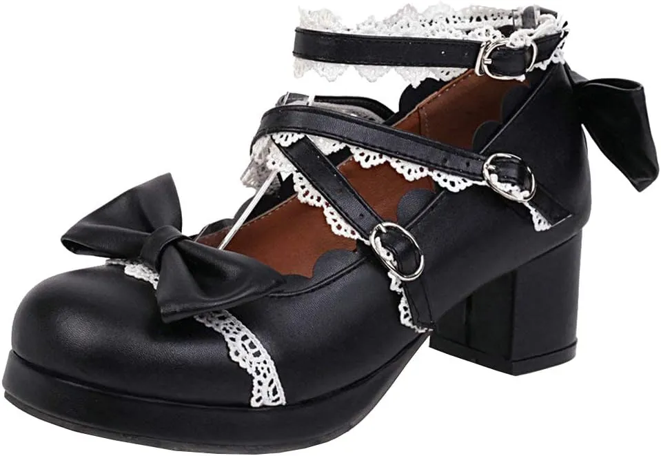 LUXMAX Women Lolita Cosplay Shoes Cross Strap Block Heel Mary Jane Lace Pumps