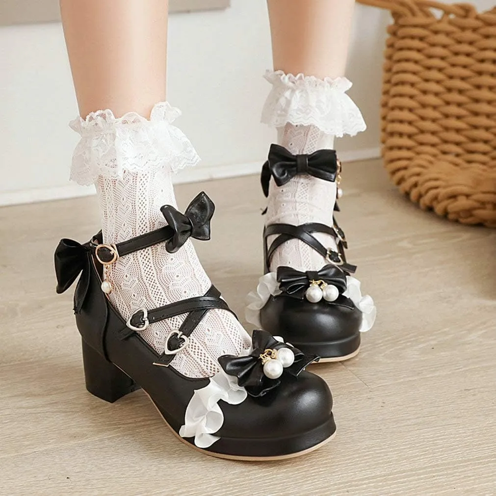 LUXMAX Women Lolita Cosplay Shoes Cross Strap Block Heel Mary Jane Lace Pumps