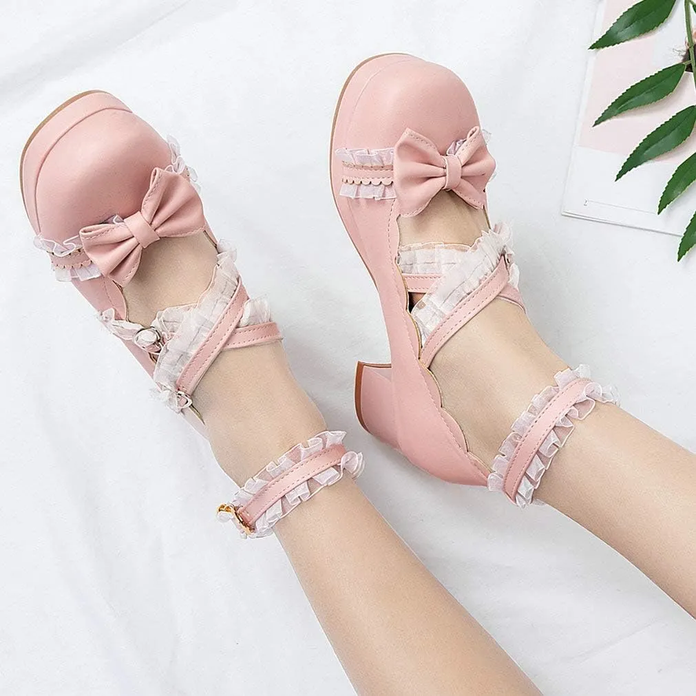 LUXMAX Women Lolita Cosplay Shoes Cross Strap Block Heel Mary Jane Lace Pumps