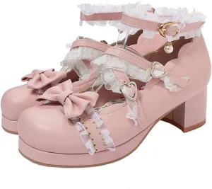 LUXMAX Women Lolita Cosplay Shoes Cross Strap Block Heel Mary Jane Lace Pumps
