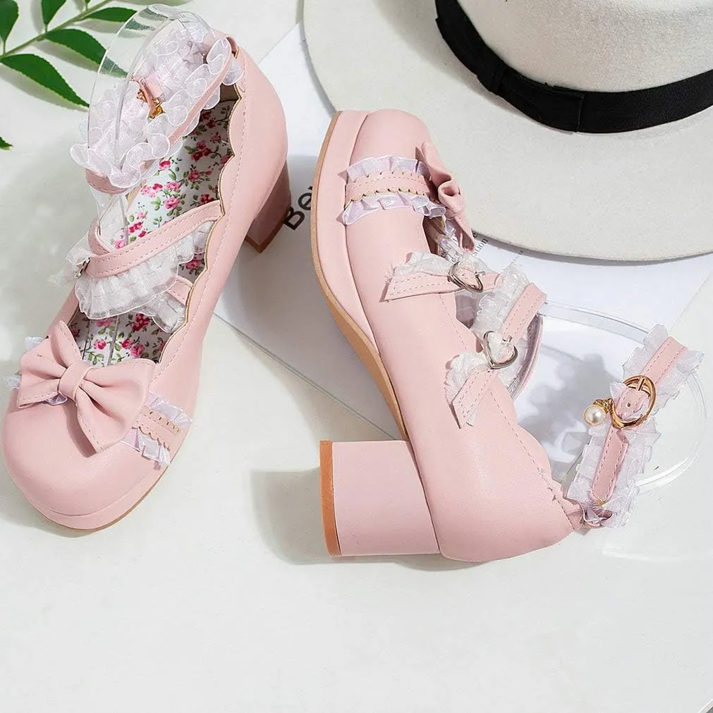 LUXMAX Women Lolita Cosplay Shoes Cross Strap Block Heel Mary Jane Lace Pumps