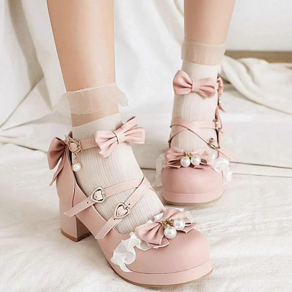 LUXMAX Women Lolita Cosplay Shoes Cross Strap Block Heel Mary Jane Lace Pumps
