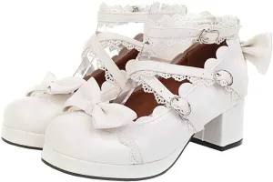 LUXMAX Women Lolita Cosplay Shoes Cross Strap Block Heel Mary Jane Lace Pumps