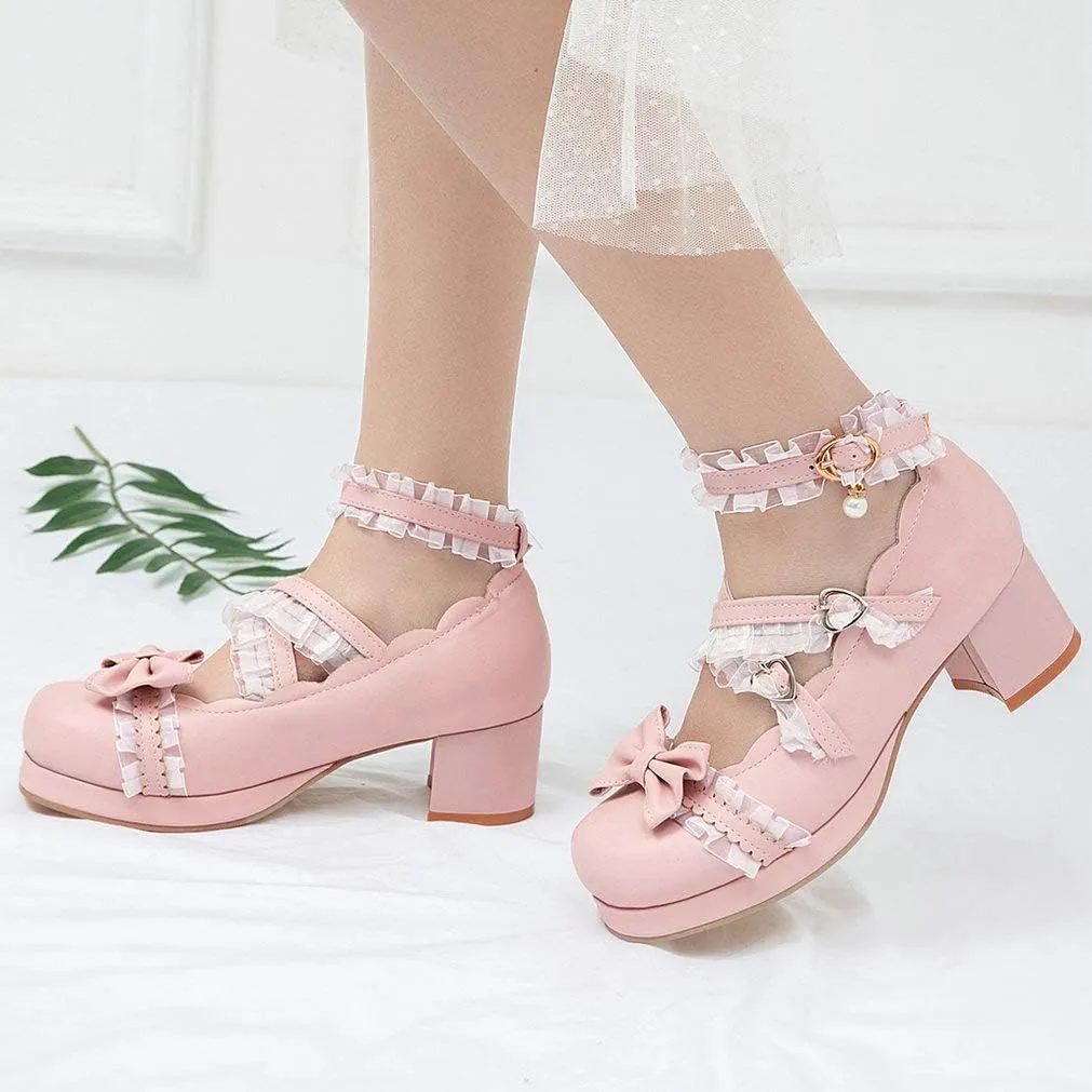 LUXMAX Women Lolita Cosplay Shoes Cross Strap Block Heel Mary Jane Lace Pumps
