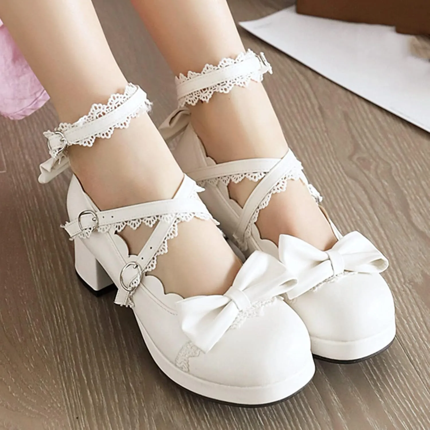 LUXMAX Women Lolita Cosplay Shoes Cross Strap Block Heel Mary Jane Lace Pumps