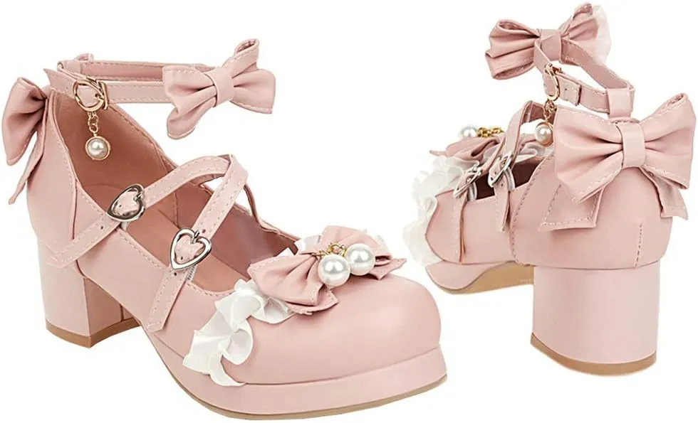 LUXMAX Women Lolita Cosplay Shoes Cross Strap Block Heel Mary Jane Lace Pumps