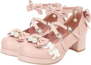 LUXMAX Women Lolita Cosplay Shoes Cross Strap Block Heel Mary Jane Lace Pumps