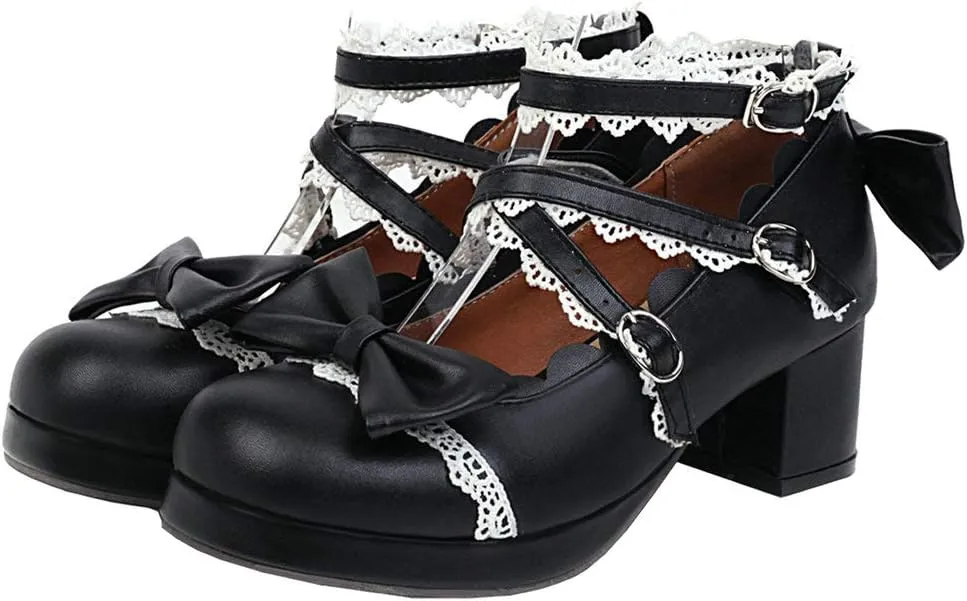 LUXMAX Women Lolita Cosplay Shoes Cross Strap Block Heel Mary Jane Lace Pumps