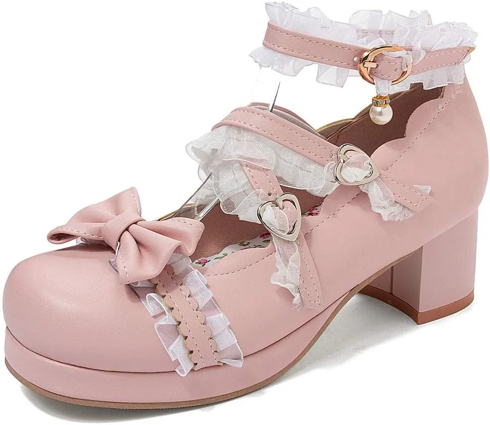 LUXMAX Women Lolita Cosplay Shoes Cross Strap Block Heel Mary Jane Lace Pumps